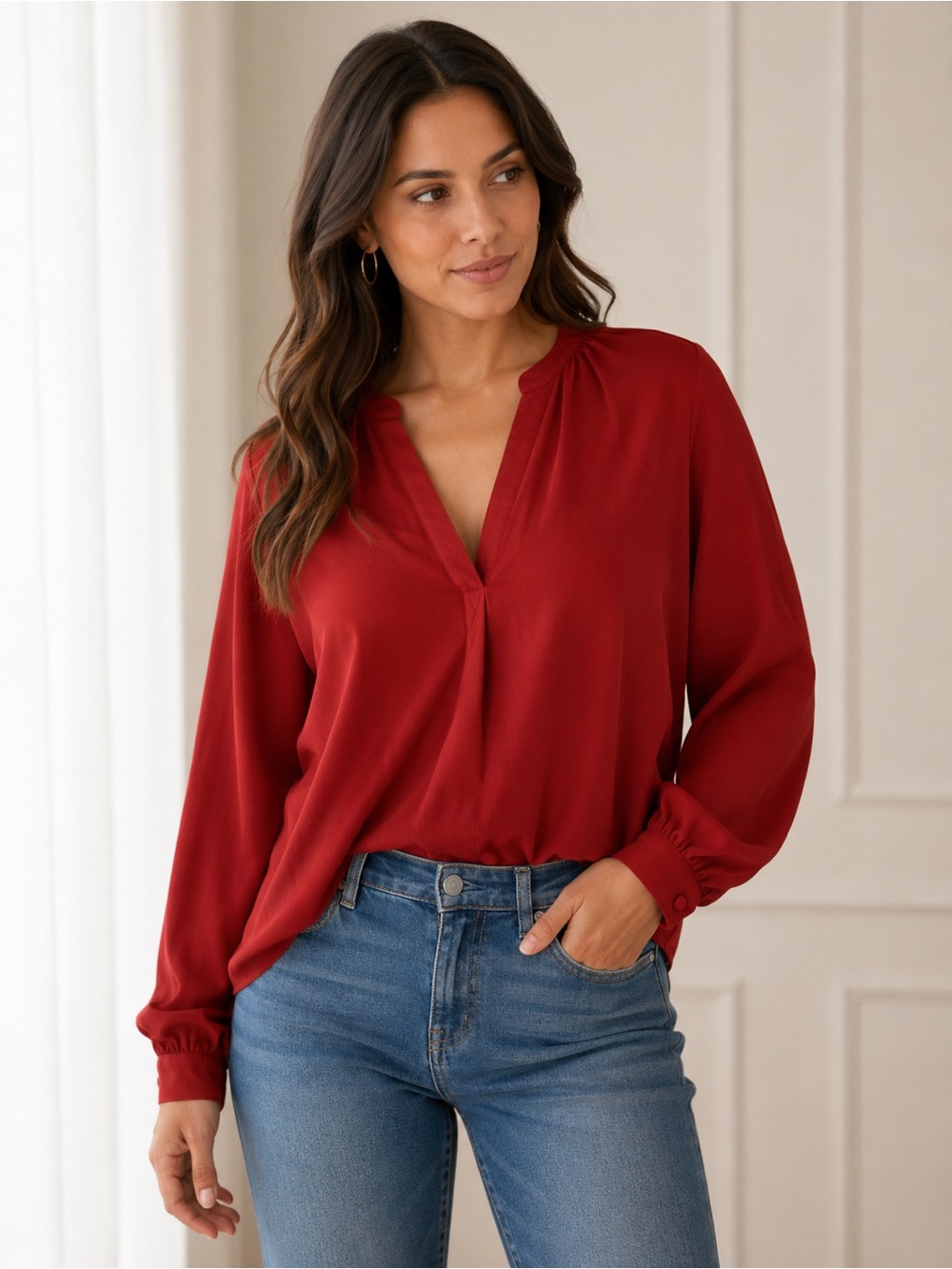 INC International Concepts Deep Red V-Neck Long Sleeve Blouse - NWT